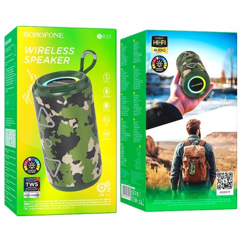 Акустика Borofone Noble sports BT speaker BR37 |BT5.3, USB/TF/FM/AUX, TWS, 5Wx2, 2h| Camouflage-Green