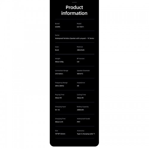 Акустика USAMS Waterproof Wireless Speaker with Lanyard YC011 IPX7 |BT5.0, 4h| black