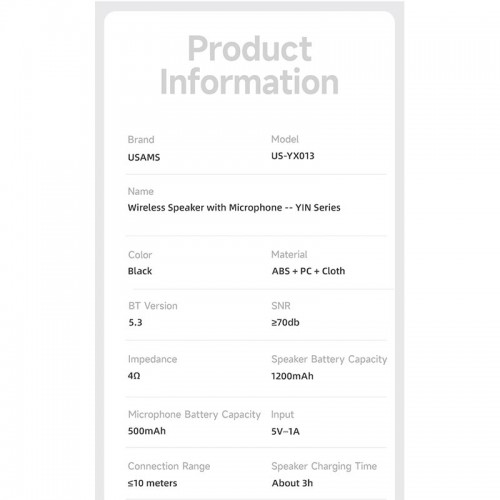 Акустика-караоке USAMS Wireless Speaker with Microphone US-YX013 |BT5.3, AUX/USB/TF| black