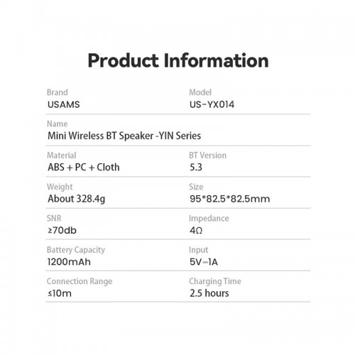 Акустика USAMS Mini Wireless BT Speaker US-YX014 1200mAh |BT5.3, TWS| black