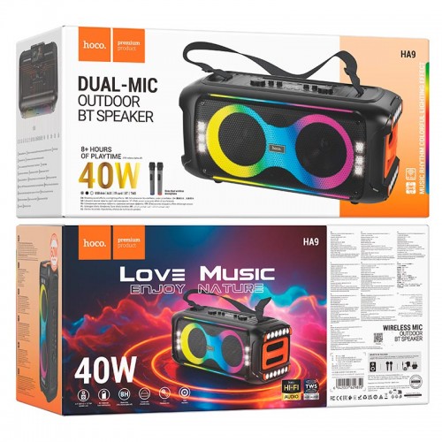 Акустика-караоке HOCO Kayman dual-mic outdoor BT speaker HA9 |BT5.4, 40W, TWS/USB/TF, 8h| black