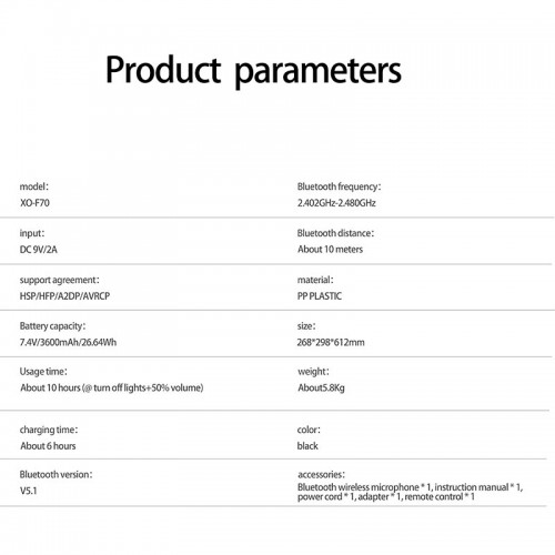 Акустика-караоке XO-F70 Large Portable Party Speaker |40W, BT5.0, USB/TF, 4-10h| black