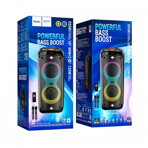 Акустика-караоке HOCO Heritage dual 10-inch RGB light BT speaker DS58 |BT5.0, TWS, TF/USB/AUX, 40Wx2 (120W Max), 3H, 2mic, remorte| black