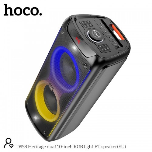 Акустика-караоке HOCO Heritage dual 10-inch RGB light BT speaker DS58 |BT5.0, TWS, TF/USB/AUX, 40Wx2 (120W Max), 3H, 2mic, remorte| black
