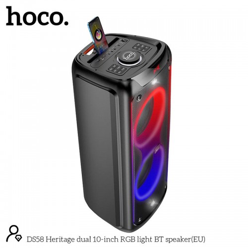 Акустика-караоке HOCO Heritage dual 10-inch RGB light BT speaker DS58 |BT5.0, TWS, TF/USB/AUX, 40Wx2 (120W Max), 3H, 2mic, remorte| black