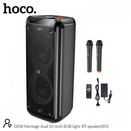 Акустика-караоке HOCO Heritage dual 10-inch RGB light BT speaker DS58 |BT5.0, TWS, TF/USB/AUX, 40Wx2 (120W Max), 3H, 2mic, remorte| black