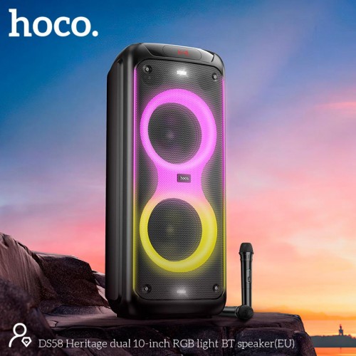 Акустика-караоке HOCO Heritage dual 10-inch RGB light BT speaker DS58 |BT5.0, TWS, TF/USB/AUX, 40Wx2 (120W Max), 3H, 2mic, remorte| black