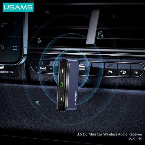 Аудіоадаптер універсальний USAMS 3.5 DC Mini Car Wireless Audio Receiver US-SJ519 |BT5.0, Mic, 6Hours| grey