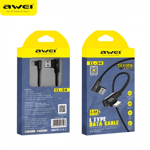 Кабель AWEI Lightning L Type CL-34 |1.5m, 2.4A| black