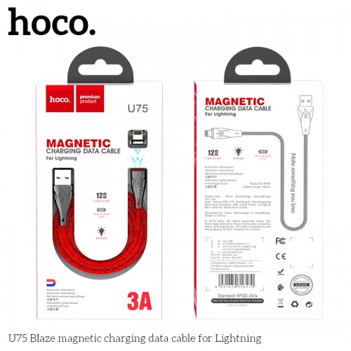 Кабель Hoco Lightning with LED Магнітний Blaze U75 |1.2m, 3A| black