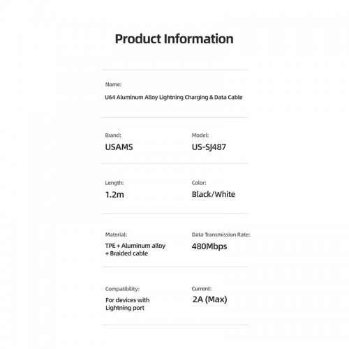 Кабель Usams Lightning Aluminum Alloy Charging & Data Cable US-SJ487 U64 |1.2m, 2A| white