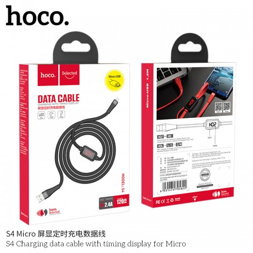 Кабель Hoco Micro USB з таймером S4 |1.2m, 2.4A| black