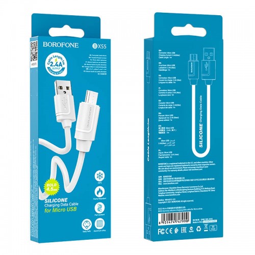 Кабель BOROFONE Micro USB Harmony silicone charging data cable BX55 |1m, 2.4A| white