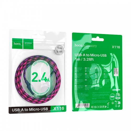 Кабель HOCO Micro USB Meridian charging data cable X116 |1m, 2.4A| purple