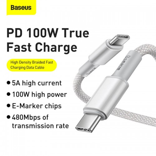 Кабель BASEUS Type-C to Type-C High Density Braided Fast Charging Data Cable |1M, 5A, 100W| (CATGD-02) white