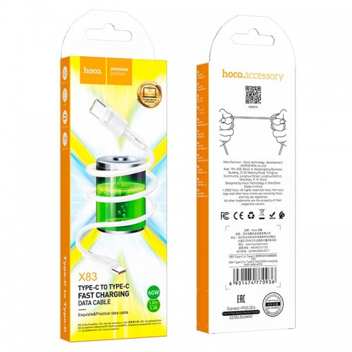 Кабель Hoco Type-C to Type-C Victory charging data cable X83 |1M, 60W, 3A| white