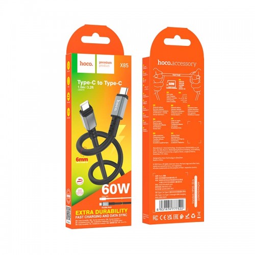 Кабель Hoco Type-C to Type-C Strength charging data cable X85 |1m, 60W, 3A| black