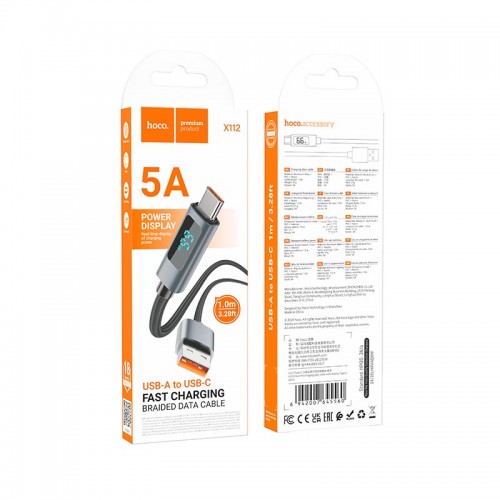 Кабель Hoco Type-C Favor 5A charging data cable with display X112 |1m, 5A| black