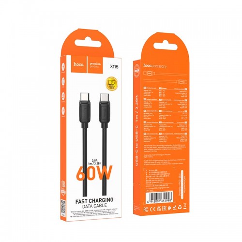 Кабель HOCO Type-C to Type-C Surpass charging data cable X115 |1m, 60W/3A| black