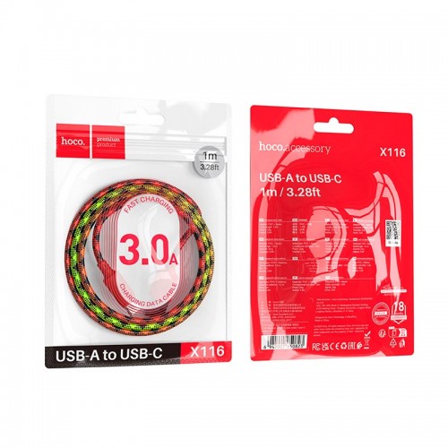 Кабель HOCO Type-C Meridian charging data cable X116 |1m, 3A| red