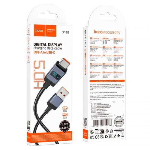 Кабель HOCO Type-C Generic charging data cable with display X118 |1m, 5A| black