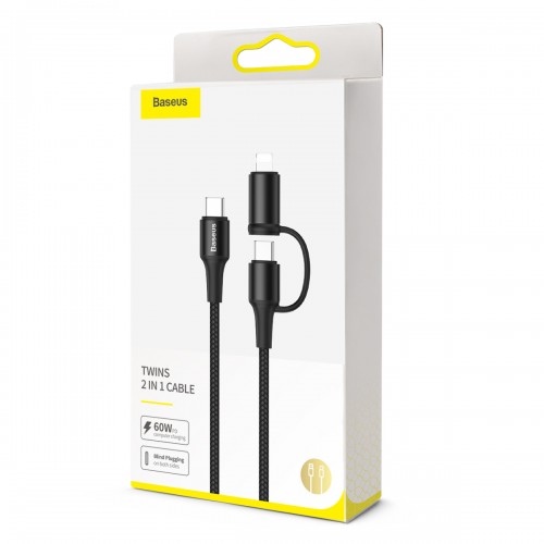 Кабель BASEUS Combo twins 2 in 1 Cable Type-C to Type-c / Lightning |1M, 60W (20V 3A) + 18W (9V 2A)| (CATLYW-H01) black