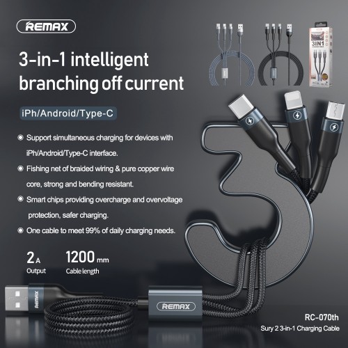 Кабель REMAX Combo Lightning / Micro USB / Type-C Sury 2 Series 3-in-1 Cable RC-070th |1.2m, 2A| black