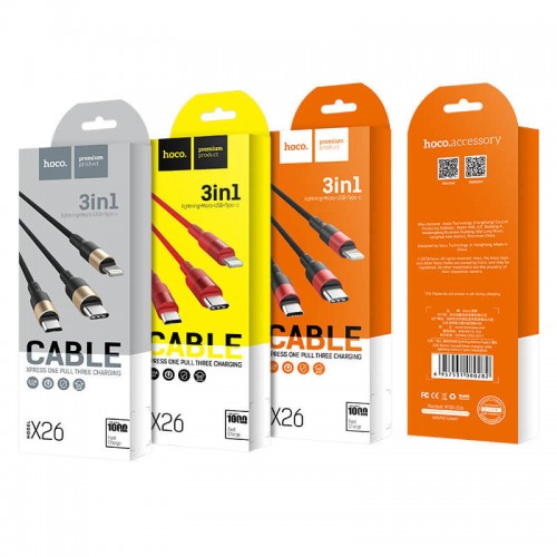 Кабель HOCO Combo Micro USB/Lightning/Type-C Xpress one pull three charging cable X26 |1m, 2A|