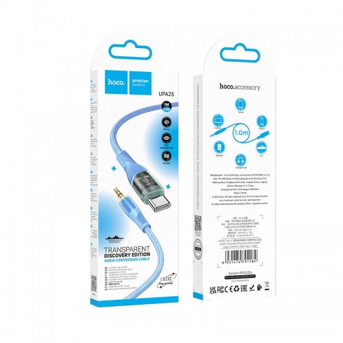 Кабель HOCO 3.5 mm to Type-C Transparent Discovery Edition Digital audio conversion cable UPA25 |1M| blue