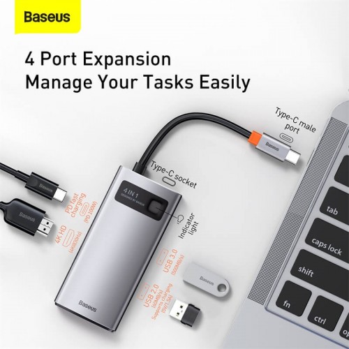 HUB адаптер BASEUS Type-C Metal Gleam Series 4-in-1 Multifunctional Docking Station |2USB, HDMI, Type-C, 100W PD| (CAHUB-CY0G) grey