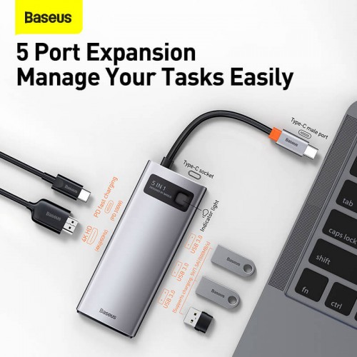 HUB адаптер BASEUS Type-C Metal Gleam Series 5-in-1 Multifunctional Docking Station |3USB, HDMI, Type-C, 100W PD| (CAHUB-CX0G) grey