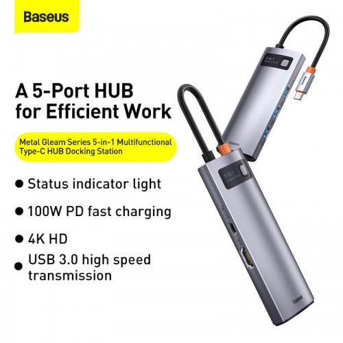 HUB адаптер BASEUS Type-C Metal Gleam Series 5-in-1 Multifunctional Docking Station |3USB, HDMI, Type-C, 100W PD| (CAHUB-CX0G) grey