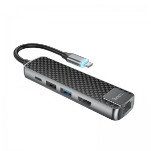 HUB адаптер HOCO Type-C Easy view HB23 | |4KHDMI, LAN, 1USB 3.0, 1USB2.0, Type-C PD, 60W/3A| grey