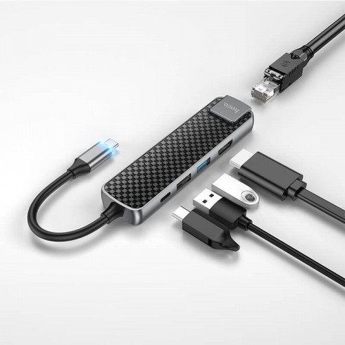 HUB адаптер HOCO Type-C Easy view HB23 | |4KHDMI, LAN, 1USB 3.0, 1USB2.0, Type-C PD, 60W/3A| grey