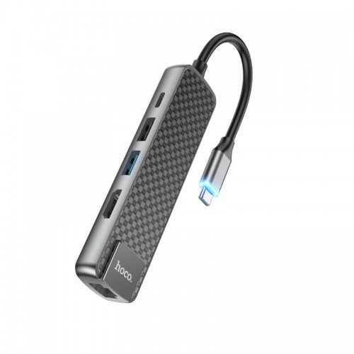 HUB адаптер HOCO Type-C Easy view HB23 | |4KHDMI, LAN, 1USB 3.0, 1USB2.0, Type-C PD, 60W/3A| grey