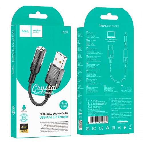 Адаптер HOCO Spirit прозрачная внешняя звуковая карта USB на 3,5 мм LS37 |15 см, ЦАП| серый