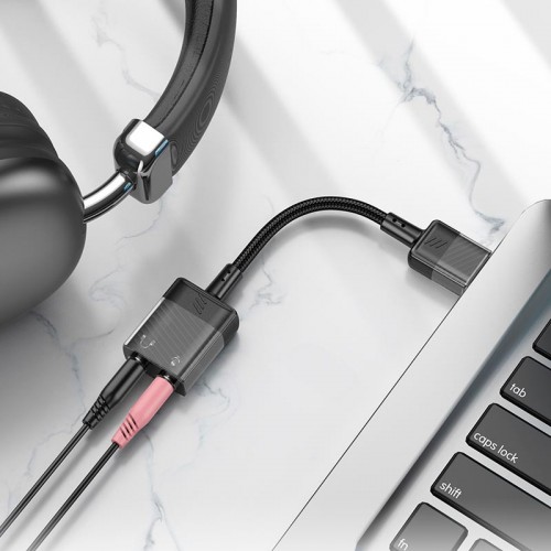 Переходник HOCO Spirit 2-in-1 transparent external sound card for earphones USB to 3.5mm LS37 |15cm, DAC| black