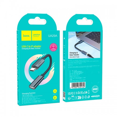 Переходник HOCO Type-C male to iP female charging and data adapter cable UA29A |3A, 0,15m| black