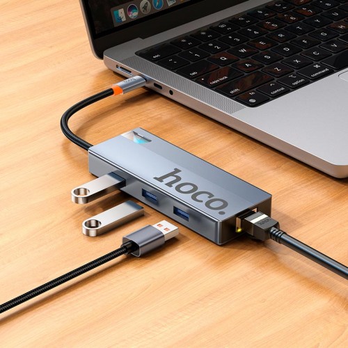 HUB адаптер HOCO Wow 6-in-1 multi-function converter HB51 (HDTV+RJ45+PD+USB 3.0*3) grey