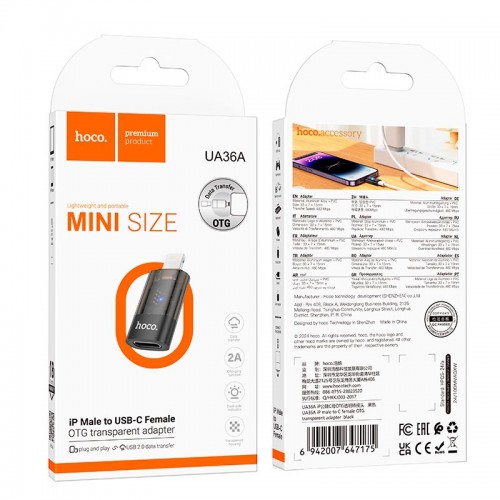 Переходник HOCO iP male to C female OTG transparent adapter UA36A |480Mbps, 2A| black
