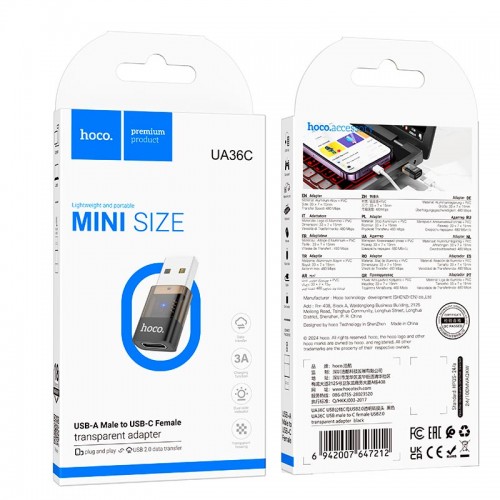 Переходник HOCO USB male to C female USB2.0 transparent adapter UA36C |480Mbps, 3A| black