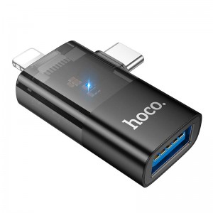 Переходник HOCO iP male/C male to USB female OTG 2-in-1 transparent adapter UA36E |480Mbps, 2A| black