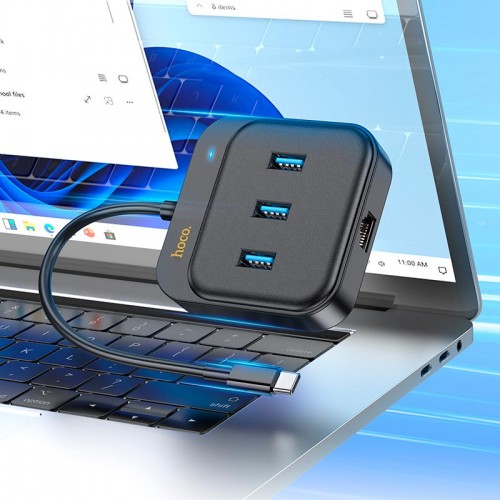 HUB адаптер HOCO Easy link 4-in-1 Gigabit Ethernet Adapter HB35 (Type-C to USB3.0x3+RJ45)(L=0.2M) black