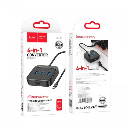HUB адаптер HOCO Easy link 4-in-1 Gigabit Ethernet Adapter HB35 (Type-C to USB3.0x3+RJ45)(L=0.2M) black
