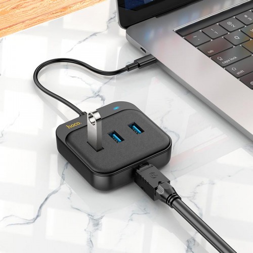 HUB адаптер HOCO Easy link 4-in-1 Gigabit Ethernet Adapter HB35 (Type-C to USB3.0x3+RJ45)(L=0.2M) black