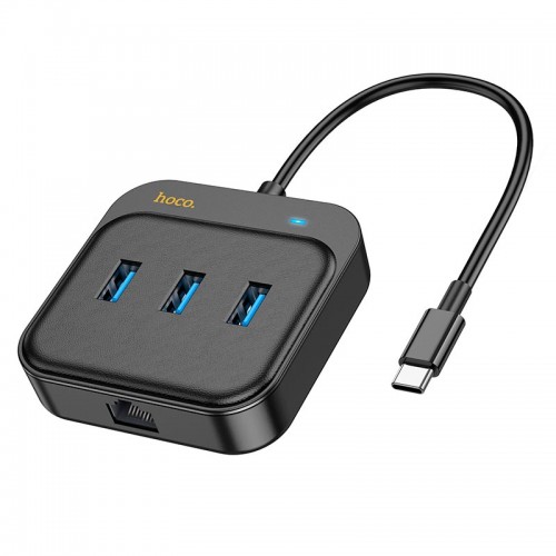 HUB адаптер HOCO Easy link 4-in-1 Gigabit Ethernet Adapter HB35 (Type-C to USB3.0x3+RJ45)(L=0.2M) black