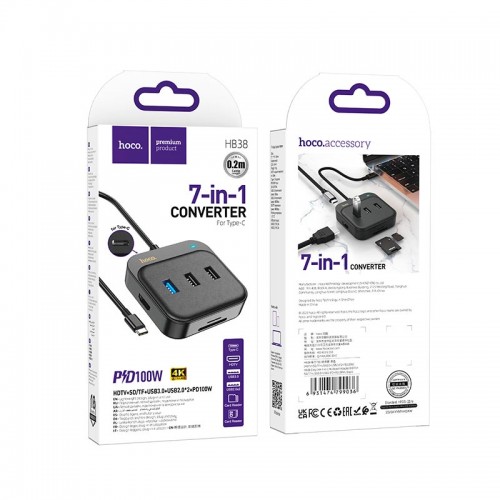 HUB адаптер HOCO Easy link 7-in-1 Multiport Adapter HB38 (HDTV+SDTF+USB3.0+USB2.0x2+PD100W) black