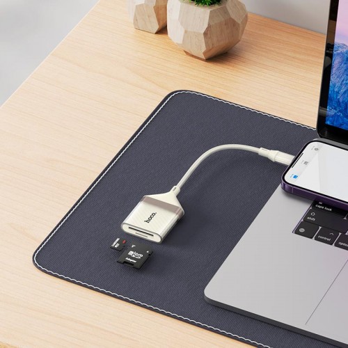Переходник HOCO Crystal Lightning 2-in-1 card reader UA40 |0,140m, 480Mbps, OTG 2TB Max| white-gold