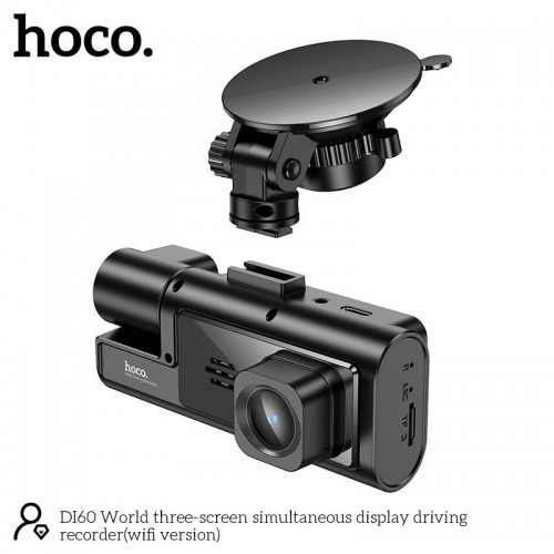 Відеореєстратор HOCO DI60 World three-screen simultaneous display driving recorder (wifi version) |720p front/480p rear/480p inner| black
