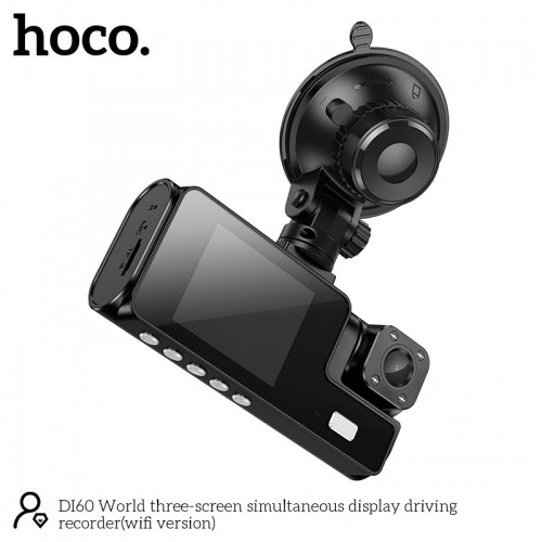 Відеореєстратор HOCO DI60 World three-screen simultaneous display driving recorder (wifi version) |720p front/480p rear/480p inner| black